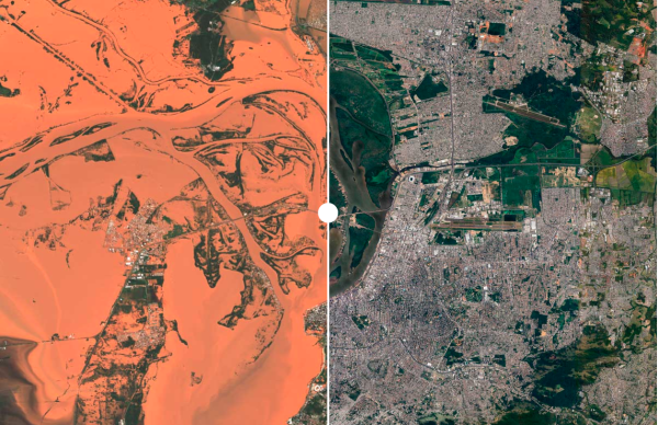 Two satellite photos, on the left a sea of mud covering absolutely the entire photo. On the right, you can see that the area covered by a sea of mud is the lower city of Porto Alegre.