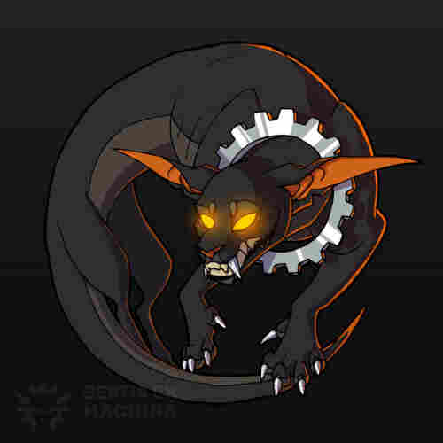 Digital drawing of a mammalian ceature of unknown species floating against a dark background. It has dark fur, long, pointy ears and an evil grin. Its canines and claws are made of metal and it has a big cogwheel around its neck. Its pupil-less eyes are emitting a bright yellow glow.
