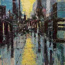 Abstract painting of a large but empty street in a big city. The street is rather shiny and has the blue and purple of the high buildings left and right of it, and the yellow of the sky reflected in it. 