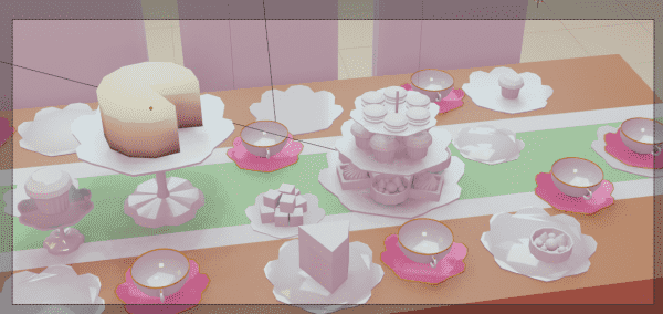 Screenshot of an unfinished 3d scene: a lot of tea cups, cake stands and cakes