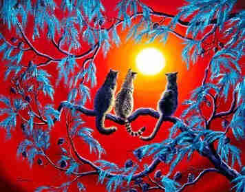 Ceative bright coloured painting of three cats seen from the back, sitting on a tree branch with many branches around them with light blue leaves, to a bright red background with a bright light yellow sun with an orange glow around it. 