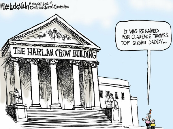 Political commentary by Mike Luckovich on the what Clarence Thomas has made of the Supreme Court through his connection to Harlan Crow
