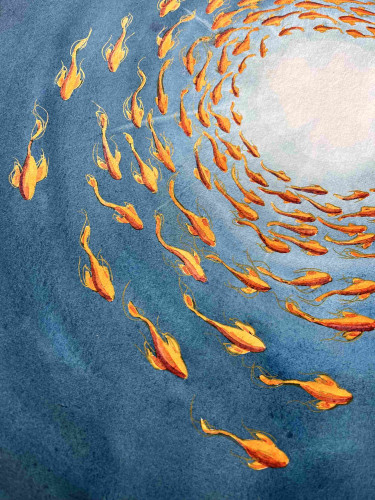 Aquarellbild: Der Schwarm oranger Fische im Detail fotografiert. Man sieht die Flossen mit den glitzernden Details, die wie Federn an den Flossen wirken. 
