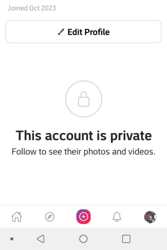 Screenshot of Pixelfed app with the message "This account is private. Follow to see their photos and videos".