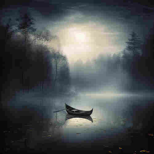 A digital painting of a small rowboat drifting at night. The scene feels eerie with tall trees surrounding the water and moonlight filtering through clouds and reflecting on the water.