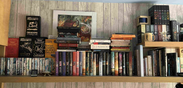 Picture a long wood effect shelf containing lots of books, mostly by Terry Pratchett