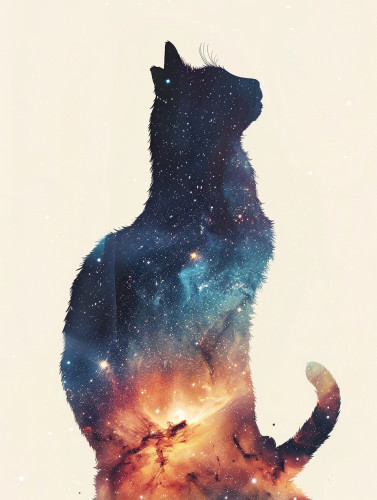 A striking silhouette of a cat filled with a cosmic scene. The cat’s shape is entirely black, while inside the silhouette, a beautiful nebula and galaxy pattern is visible. Stars, bright cosmic clouds, and clusters of light create a mesmerizing effect, blending colors like deep blues, purples, and oranges. The background is a clean, light cream color, which contrasts sharply with the vivid and intricate cosmic display within the cat’s form. The overall vibe is both mystical and serene, evoking a sense of wonder about the universe within and beyond.