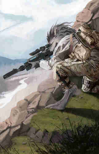 Vargr Sniper by Josep Perez, copyright 2021 Mongoose Publishing

Wolf person in a beige planetary exploration suit, looking into the scope of a laser rifle. Crouched on a cliff looking over a river valley.