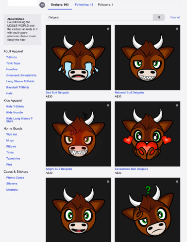 Screenshot from my TeePublic store showing six other designs of Delgado’s cartoon bull face with crying, smug, angry, loving, happy, and confused expressions respectively. These were not issued a takedown notice by Crunchyroll, only the laughing one was.