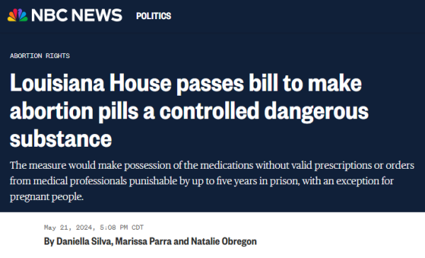 Louisiana House passes bill to make abortion pills a controlled dangerous substance
The measure would make possession of the medications without valid prescriptions or orders from medical professionals punishable by up to five years in prison, with an exception for pregnant people.
May 21, 2024, 5:08 PM CDT
By Daniella Silva, Marissa Parra and Natalie Obregon