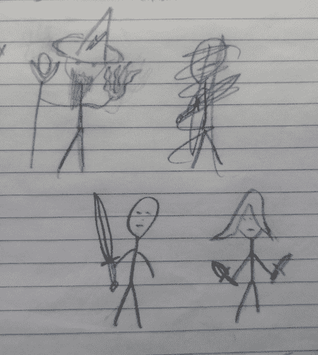 Stick figure drawings of a wizard, a fighter, and a thief. A fourth stick figure was started, and then scribbled out.