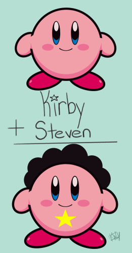 Top: Digital drawing of Kirby, ready & excited to play! 
Middle:  Text reads "Kirby + Steven ="
Bottom: Digital drawing of Kirby, having eaten & assimilated Steven Universe.
