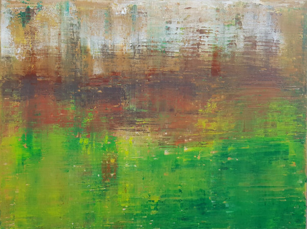 An abstract acrylic painting in basically three horizontal layers, the bottom one bright greens, the middle rich browns, and the top light blues and greys. It looks as though it is all reflections in water.