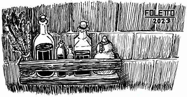 black and white Cross hatching ink art depicting a wooden shelf on a stone wall, holding herbs and flasks of different shapes and sizes