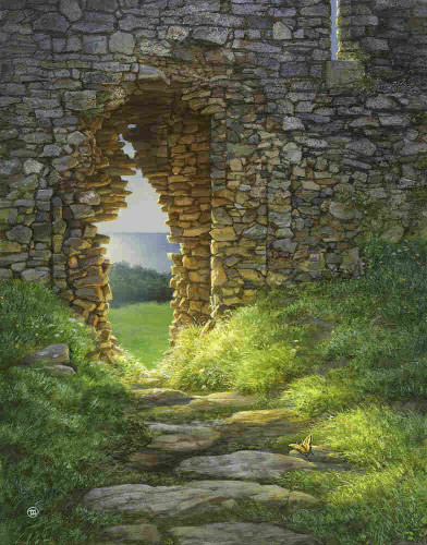 Flagstones set loosely in a grassy hill amble down to the wall of castle ruins built of uneven stone. An opening, like the vertical slit of a cat's pupil, provides a view down to a verdant field ending in dense darker woods followed by placid water. Light glints over the surface and filters through the eyelet set in the wall bathing gold blades of wild growing grass. In that line of light, a butterfly spreads yellow and black wings wide to catch rays on one of the smaller stones on the path.
