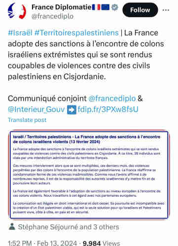 A screenshot of a tweet by France Diplomatie discussing France's adoption of sanctions against extremist Israeli settlers for violence in the West Bank, with a link to a joint statement.