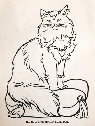 A simple illustration of bold black lines on white paper of a longhaired cat on a fancy tasseled pillow, wearing a beaded bracelet on one foreleg, a necklace with heart pendant, and ferronnière (like a necklace that is draped across the forehead). Text at the bottom reads “The Three Little Kittens’ Auntie Katie”.