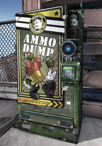 An image of an ammunition vending machine from the game Borderlands 2. It displays a cartoon shotgun shell with arms and legs juggling three grenades in the air. It reads "get loaded before you get wasted".