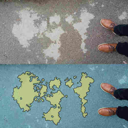 Photo I took of the surface of a wet sidewalk that has dry spots in it and a second image that's the same photo but with the edges of the spots outlined.