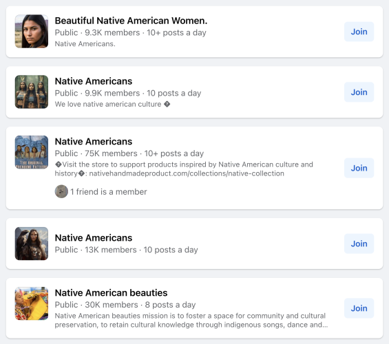 Beautiful Native American Women.
Public • 9.3K members • 10+ posts a day
Native Americans.

Native Americans
Public • 9.9K members • 10 posts a day
We love native american culture ?

Native Americans
Public • 75K members • 10+ posts a day
@ Visit the store to support products inspired by Native American culture and history@: nativehandmadeproduct.com/collections/native-collection
1 friend is a member

Native Americans
Public • 13K members • 10 posts a day

Native American beauties
Public • 30K members • 8 posts a day
Native American beauties mission is to foster a space for community and cultural preservation, to retain cultural knowledge through indigenous songs, dance and...