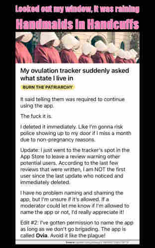 A screenshot of a Reddit user posting that her ovulation tracker suddenly asked what state she lives in, and would not let her continue using the app without that info. "I deleted it immediately." 

Above the screenshot is some memestyle text saying "Looked out my window, it was raining handmaids in handcuffs" above a graphic of ten handmaids from The Handmaid's Tale.