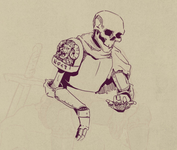 a digital sketch, partially completed, of a skeleton in armor, sitting and gazing down at its hand