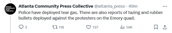 Tweet from Atlanta Community Press Collective saying police in Atlanta have deployed projectile weapons. 