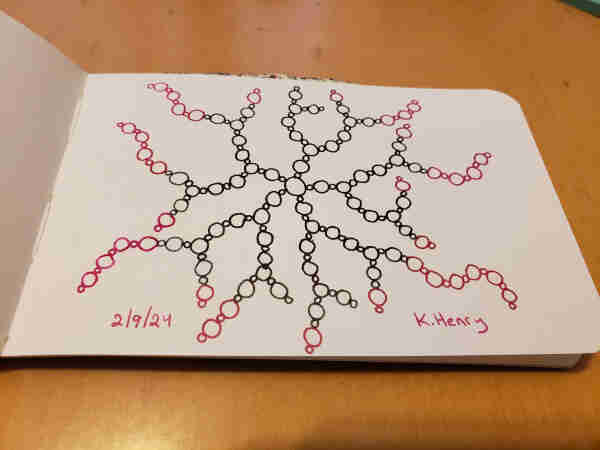 Hand drawn generative art in ink on an open page of my sketchbook. The abstract pattern has small and larger circles arranged in a simple branching fractal pattern.