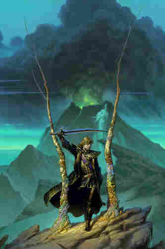 An elegant man with shoulder length blonde hair and eyes glinting gold strides between a pair of trees barren of leaves but colored by alien lichen creeping up the trunk. He holds aloft a black sword drenched in purple flame. The edge rides a sinuous curve peaking high then retreating to upturned quillions and a curved grip tapering thin in the middle. The modest flames stand in contrast to shaded greens that tint the mountains behind him. His bearing is regal; his clothes made of fine black leather with gold trim and filigree. A purple sash runs beneath his long jacket, which sways trailing his motion. Behind him ephemeral spirits rise—the most prominent female with one arm and one knee raised. A volcano dominates the background, billowing smoke as it roils with electric green flame.
