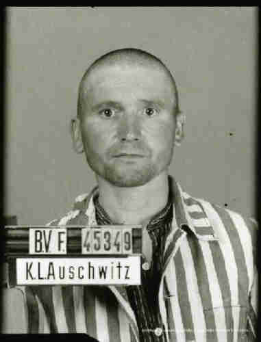 A photo of a man in a concentration camp stripe uniform. He has shaved head. On the left a plaque with camp number visible (45349) and the came of the camp - KL Auschwitz
