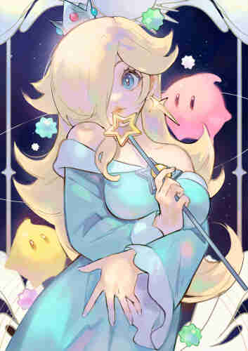 Princess Rosalina from the Mario franchise by Nintendo in a bright pastel drawing wearing her trademark blue dress and tiara with a pink luma on her shoulder. Another yellow luma at her waist. 