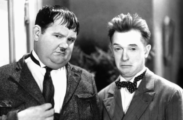 A black and white picture of the comedy duo Laurel & Hardy.