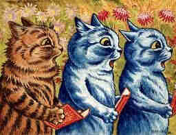 Creative painting of a brown and two blueish grey cats standing up, facing the right and holding a song book and singing from that book. The background is painted with white and pink flowers to a green and yellow background. 