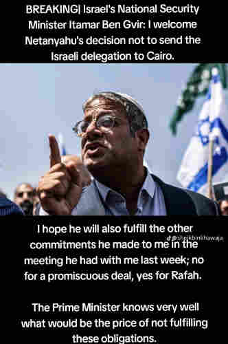 Israeli KKK minister is happy that Netanyahu didn't send anyone to Cairo for the sham ceasefire deal.