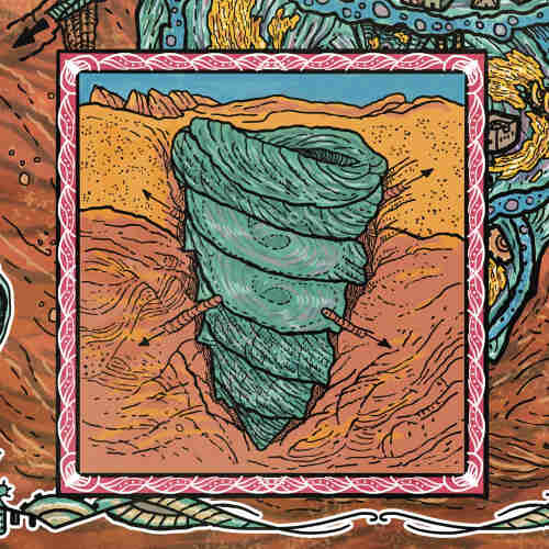 fragment of a map illustration depicting a giant empty and crystalized shell used to drill the ground in an arid landscape.