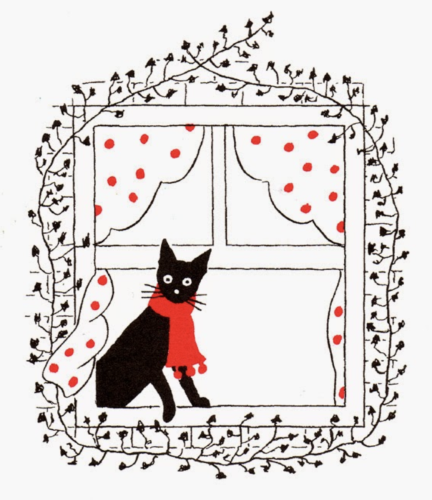 Sweet and simple illustration of a shorthaired black cat wearing a bright red scarf, standing in an open window as if about to jump outside. The window has white curtains with red polka dots and it is surrounded by an ivy vine. The only colors are black and red on a white background.