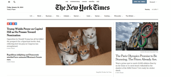 Screencap of the front of the Thew York Times website. Next to a headline reading 'Trump Wields Power on Capitol Hill as He Presses Toward Nomination' is a photograph of five kittens in a cardboard box.