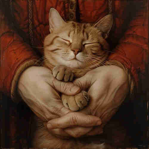 An intricately detailed painting of a contented ginger tabby cat cradled gently in a person's hands. The cat has closed eyes and a serene expression, with its head resting comfortably in the palms of the hands. The hands are depicted with realistic detail, showing textured skin and wrinkles, indicative of an adult's hands. The person is wearing a quilted jacket of a deep rust color, suggesting a cozy, warm setting. The overall mood of the painting is one of tranquility and affection. The artwork has a lifelike quality, with the fur of the cat and the texture of the clothing rendered with high realism.