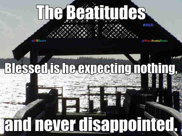An image of a roof over a jetty on the ocean, with text:
THE BEATITUDES
Blessed is he, expecting nothing, and never disappointed