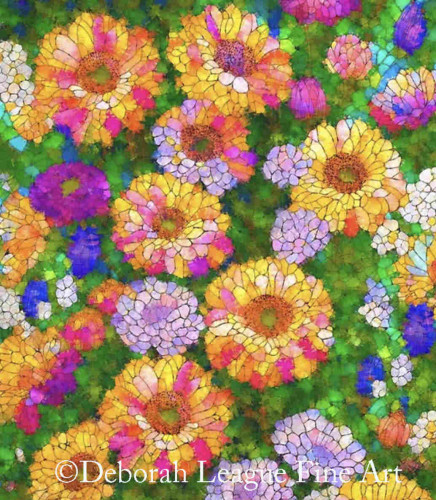 Stained Glass Flower Garden. The image is of a flower garden, seen from above as though you were walking through a plot of candy colored plants.