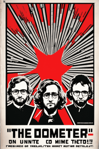 A poster generated by "AI" in socialist style from the 1960s. High contrast red/black/white, with graphic elements in start with rays formation in  the background, 3 serious looking bearded nerds and underneath letters resembling "The Dometer" and some gibberish
