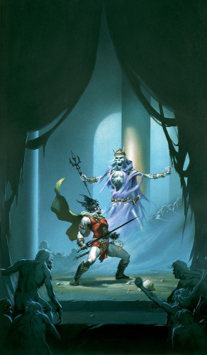 Elric holds the slender black blade of Stormbringer as he turns in surprise toward a menacing skeletal figure. His red tunic is cinched at the waist with an ornate belt. As seen in profile, the black wings of his helm sweep back to points. His gold cloak flares with motion as he pivots. He holds the gold chain of a red jeweled amulet in his other hand.

With arms flexed wide, the threatening figure grips a black trident. Beneath a horned helm, its skull is set in a fierce howl exposing fangs. Tattered robes expose a muscular chest. A multitude of gold bracelets adorn its slender bony arms. A sword hangs at its hip.

With eyes flashing, a mass of figures loom among smooth pillars in the background. Several more ape-like humanoids flank Elric in the lower foreground.