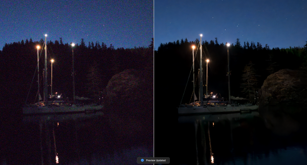 Two side by side images of a group of sailboats at anchor at night in a cove. The images are nearly identical, but one one on the left is quite grainy, and the one on the right isn't.
