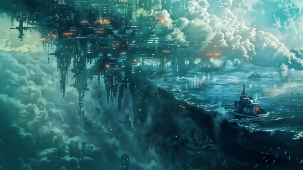 A breathtaking solarpunk-inspired cityscape suspended in the sky above a vast ocean. The city is an intricate maze of futuristic skyscrapers, platforms, and buildings that extend downward, almost merging with the clouds. The structures are illuminated with a soft, teal light, giving the city a surreal, ethereal glow against the darker background of stormy clouds.The lower half of the image reveals a turbulent ocean, with waves crashing against the base of the city. A few ships navigate the waters, adding a sense of scale and motion to the scene. The water reflects the teal hues from the city above, creating a cohesive color palette that ties the sky and sea together.The overall atmosphere is a mix of awe and mystery, evoking a sense of a technologically advanced civilization that exists in harmony with the natural elements around it. The image seamlessly blends elements of nature and advanced architecture, creating a vision of a future where technology and the environment coexist beautifully.