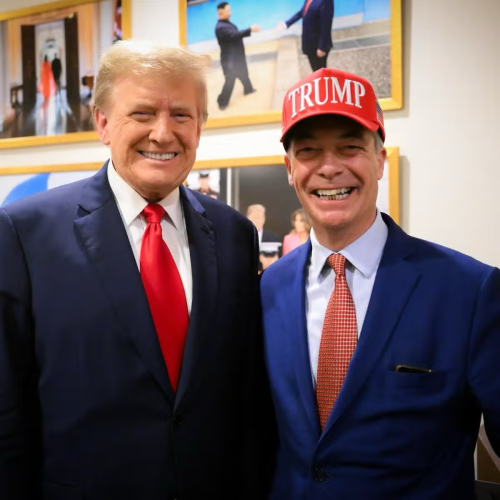 Trump and Farage side by side grinning inanely like two frozen vegetables. Farage is wearing a Trump hat. 