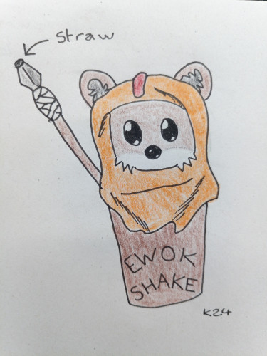 Pen sketch of a milkshake cup with an Ewok head and spear as a straw and the words Ewok Shake on the cup 