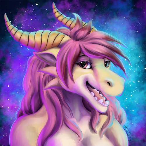 pink and yellow dragon on a purple and blue spacey background with stars.