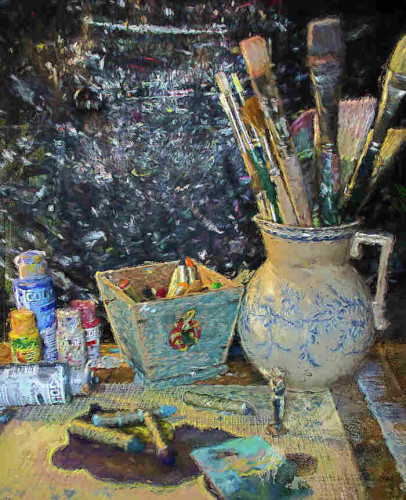 A mixed media artwork made with photography and acrylic paint of paint brushes in a blue and white jug, pastels lying on paper, and tubes of paint.