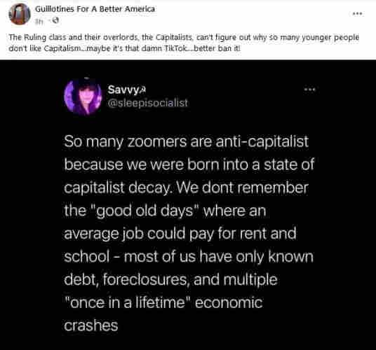 So many zoomers are anti-capitalist because we were born into a state of capitalist decay. We don't remember the "good old days" where an average job could pay for rent and school-most of us have only known debt, foreclosures, and multiple "once in a lifetime" economic crashes.