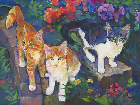 Painting of two ginger and one grey and white kitten in a garden with colourful flowers. 